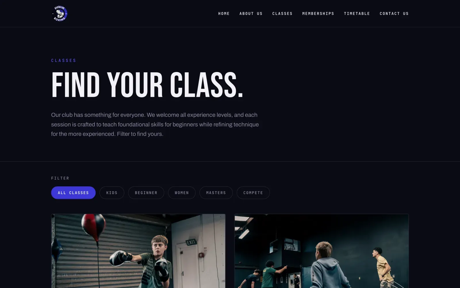 The Evolve Boxing Classes page listing training options.