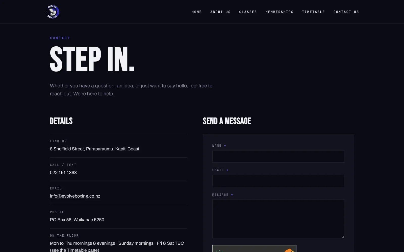 The Evolve Boxing contact page with gym details and a message form.