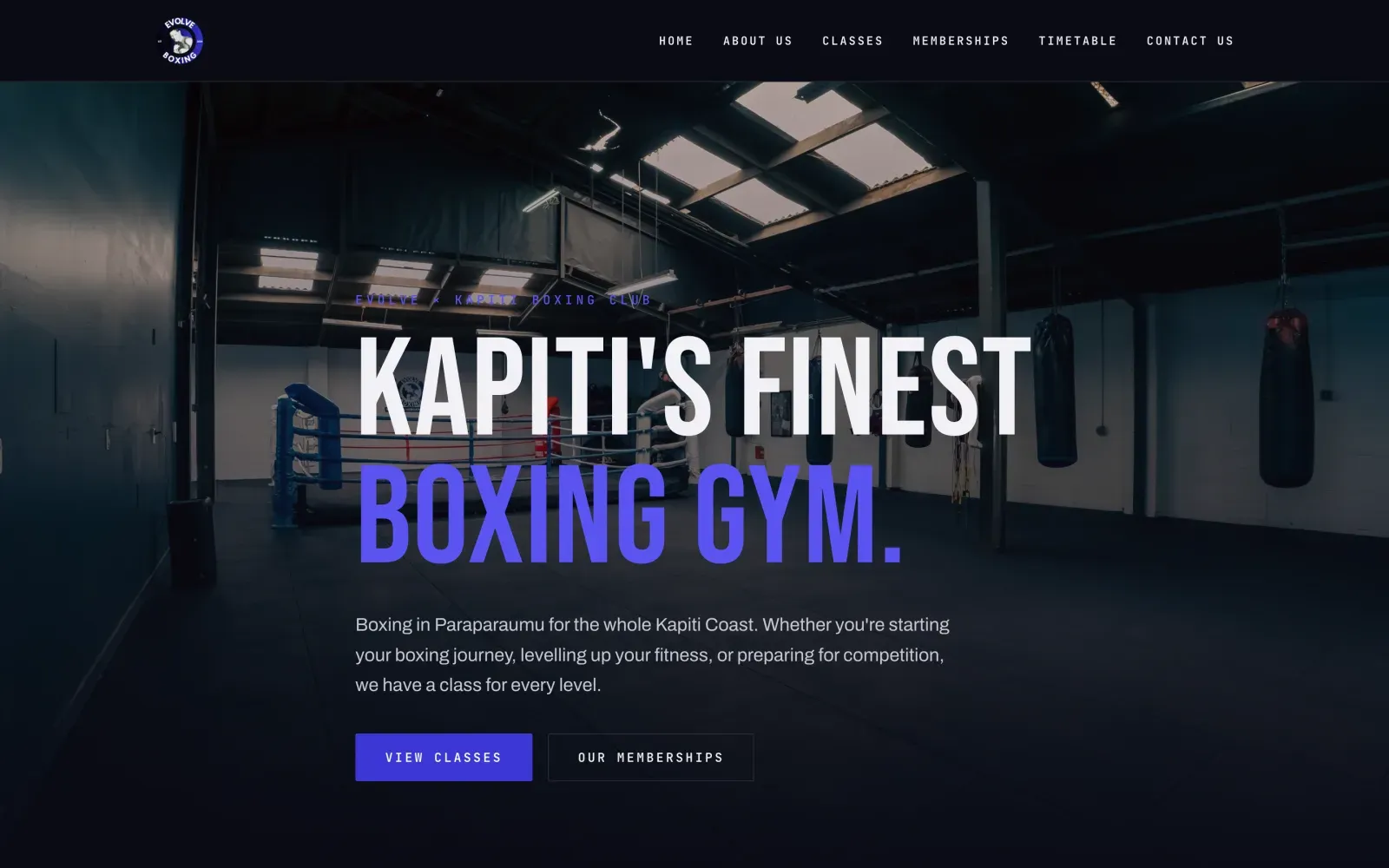 The Evolve Boxing homepage reading Kapiti's finest boxing gym, over a photo of the gym floor and ring.