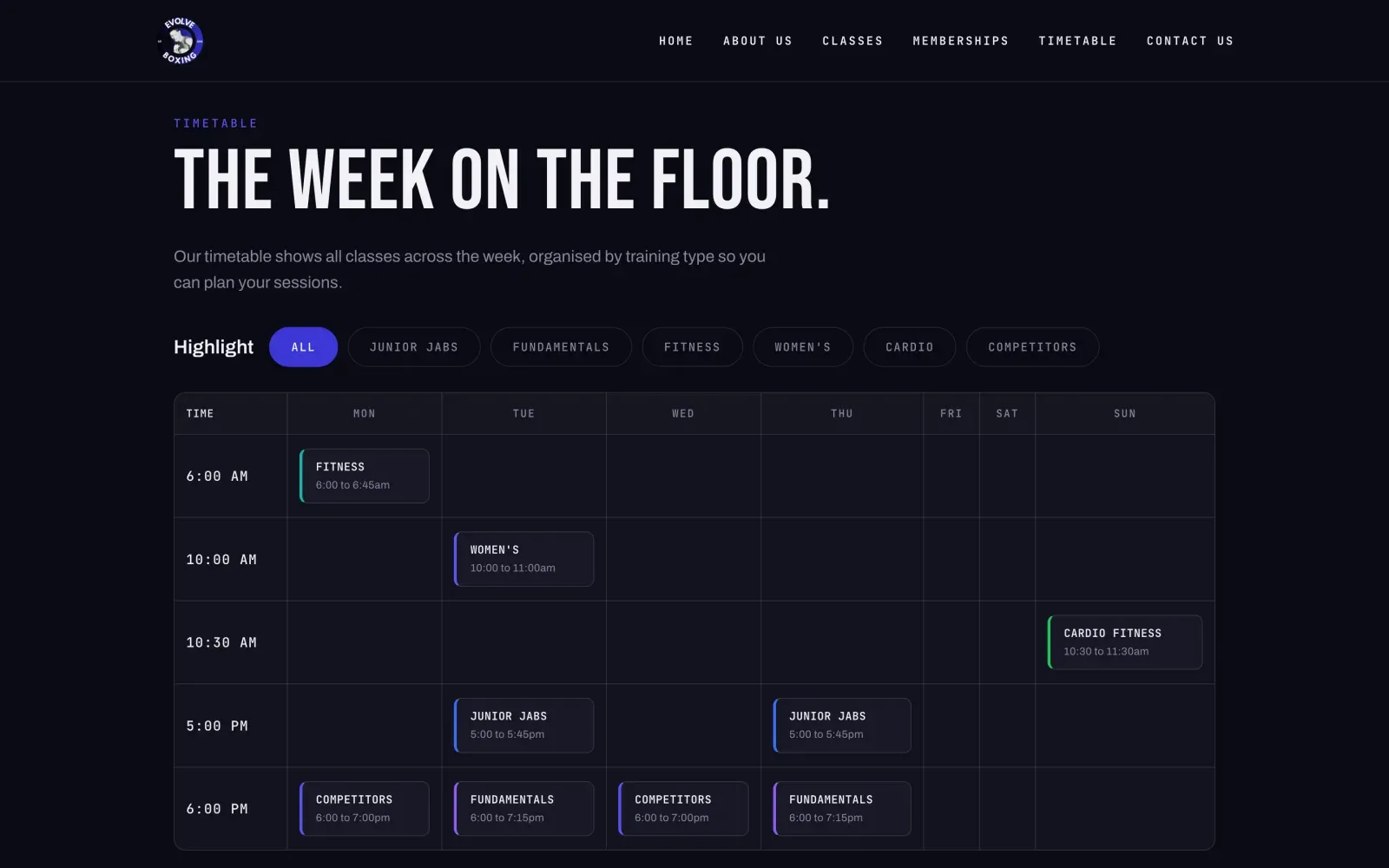 The Evolve Boxing timetable, an interactive weekly grid of classes that can be filtered by training type.