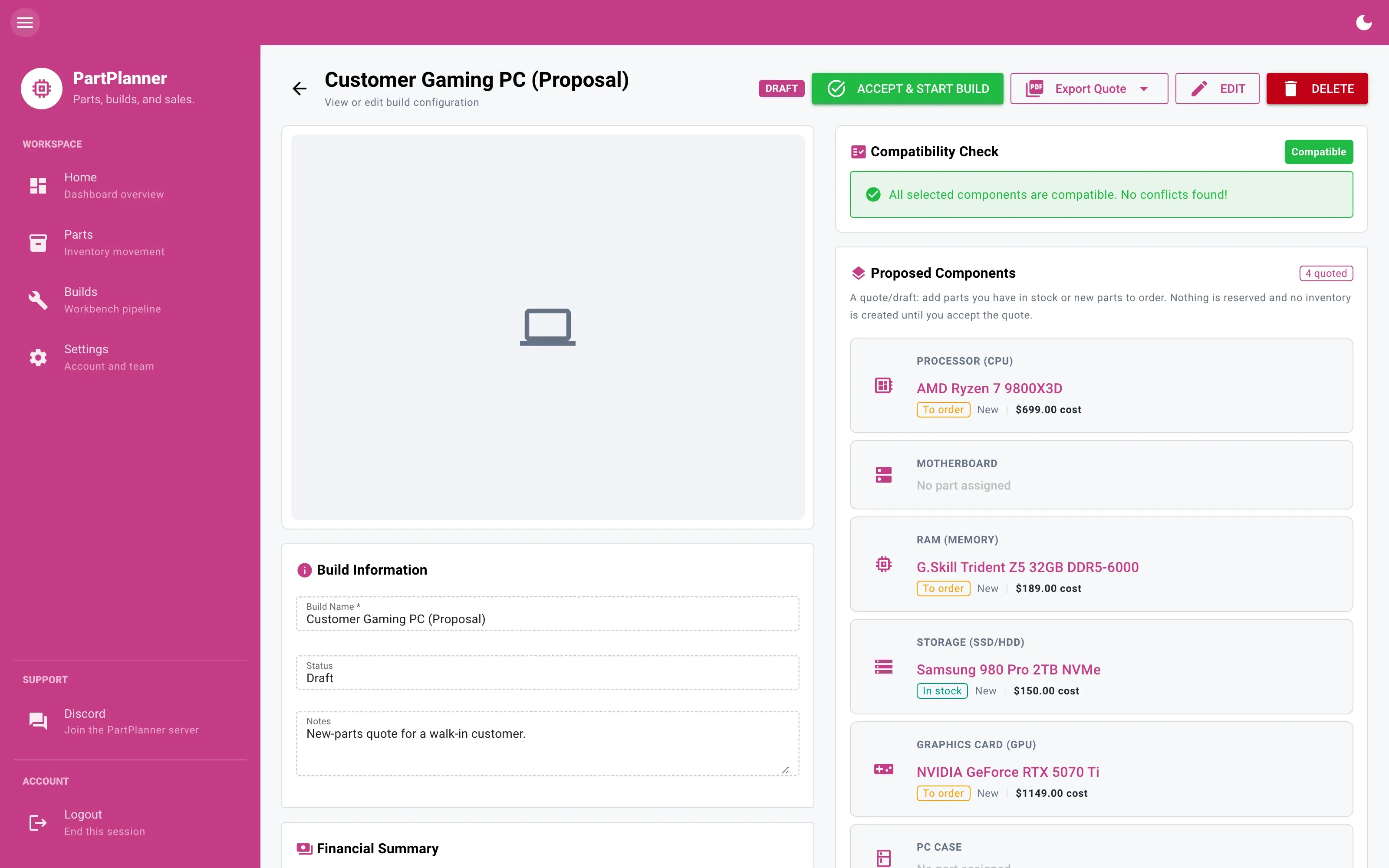Planning a build in PartPlanner from parts already in stock.
