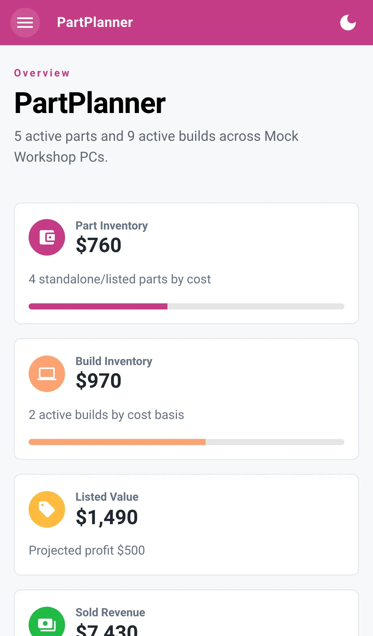 The PartPlanner dashboard on mobile.