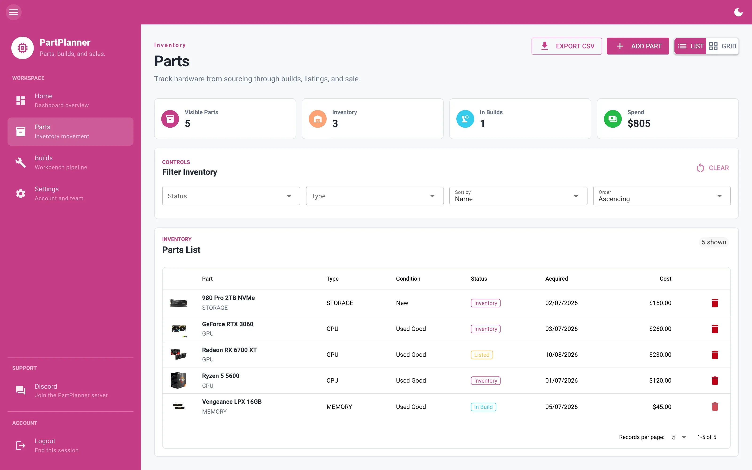 The PartPlanner parts inventory, listing hardware with costs and status.